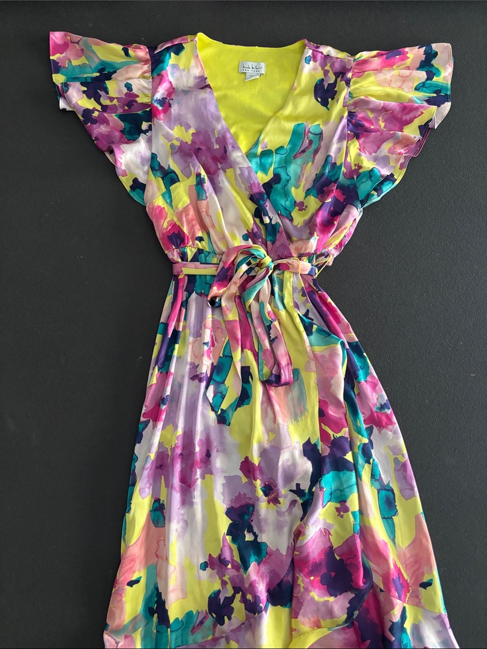 Nicole Miller Yellow Pink Blue Floral Wrap Maxi Dress